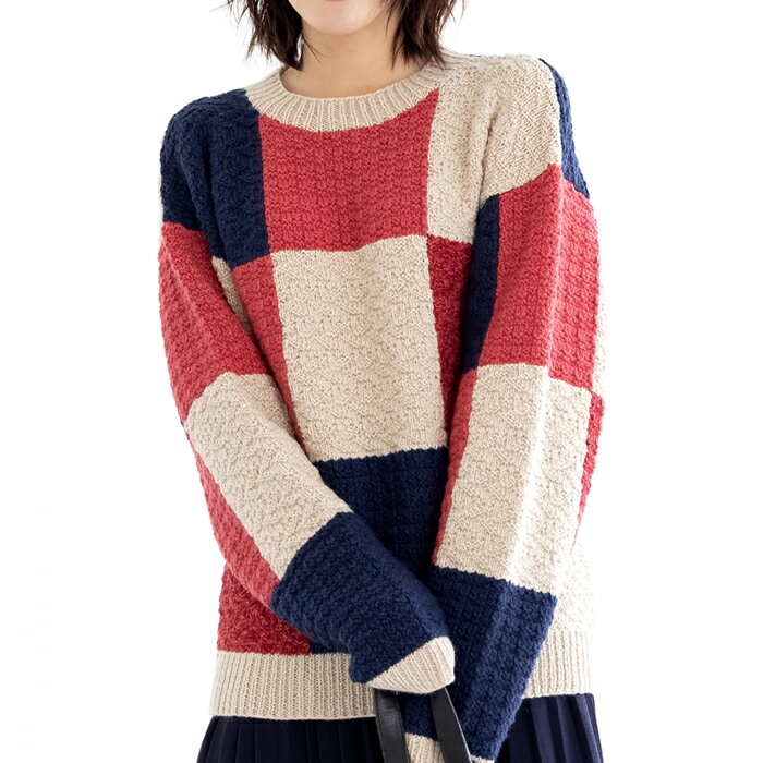 【 無料編み図公開 / 作品 】222aw-10 スクエア模様のセーター【5】純毛中細モデル身長：161cm2022/9/2のサムネイル