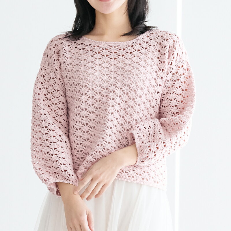 【 無料編み図公開 / 作品 】224S-01 カギ針編みのプル【1332】わたぼうしラメ・コットンモデル身長：161cm2024/2/16のサムネイル