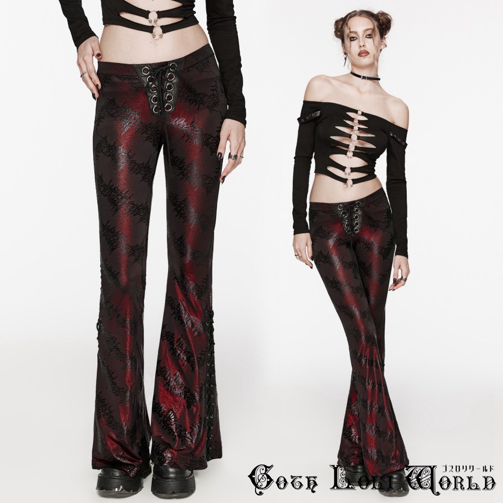 当日発送 即納 WK-619XCF-BK-RD 光沢ジャガードスリットイージー フレアパンツ 赤色 ファッション ゴシック ゴスロリ パンク ロック ロリィタ ビジュアル系 ヴィジュアル系 V系 モード系 地雷系 サブカル 個性的 コスプレ イベント 舞台 仮装 衣装 ハロウィン