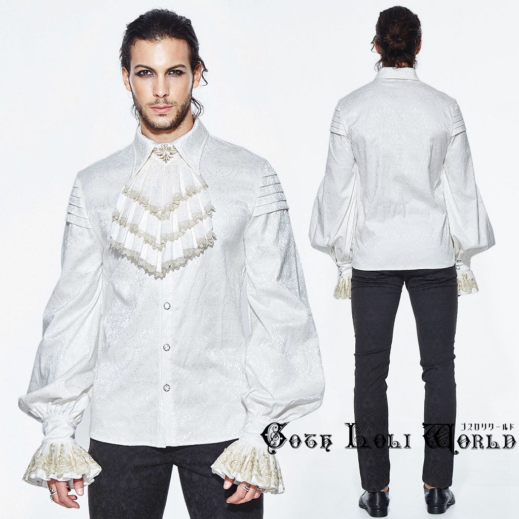 当日発送 即納 SHT030 ジャボ付 刺繍 フリル袖 ダマスク柄 長袖シャツ 白色 ホワイト ファッション ゴシック ゴスロリ パンク ロック スチームパンク...