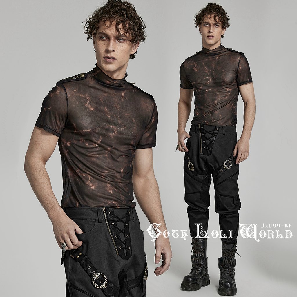 当日発送 即納 WT-802DQM-BK-CO エポレット付モックネックシアータイト Tシャツ 黒茶色 メンズ ファッション ゴシック ゴスロリ パンク ロック スチームパンク ビジュアル系 ヴィジュアル系 V系 モード系 サブカル コスプレ ライブ ステージ 舞台 仮装 個性的 衣装