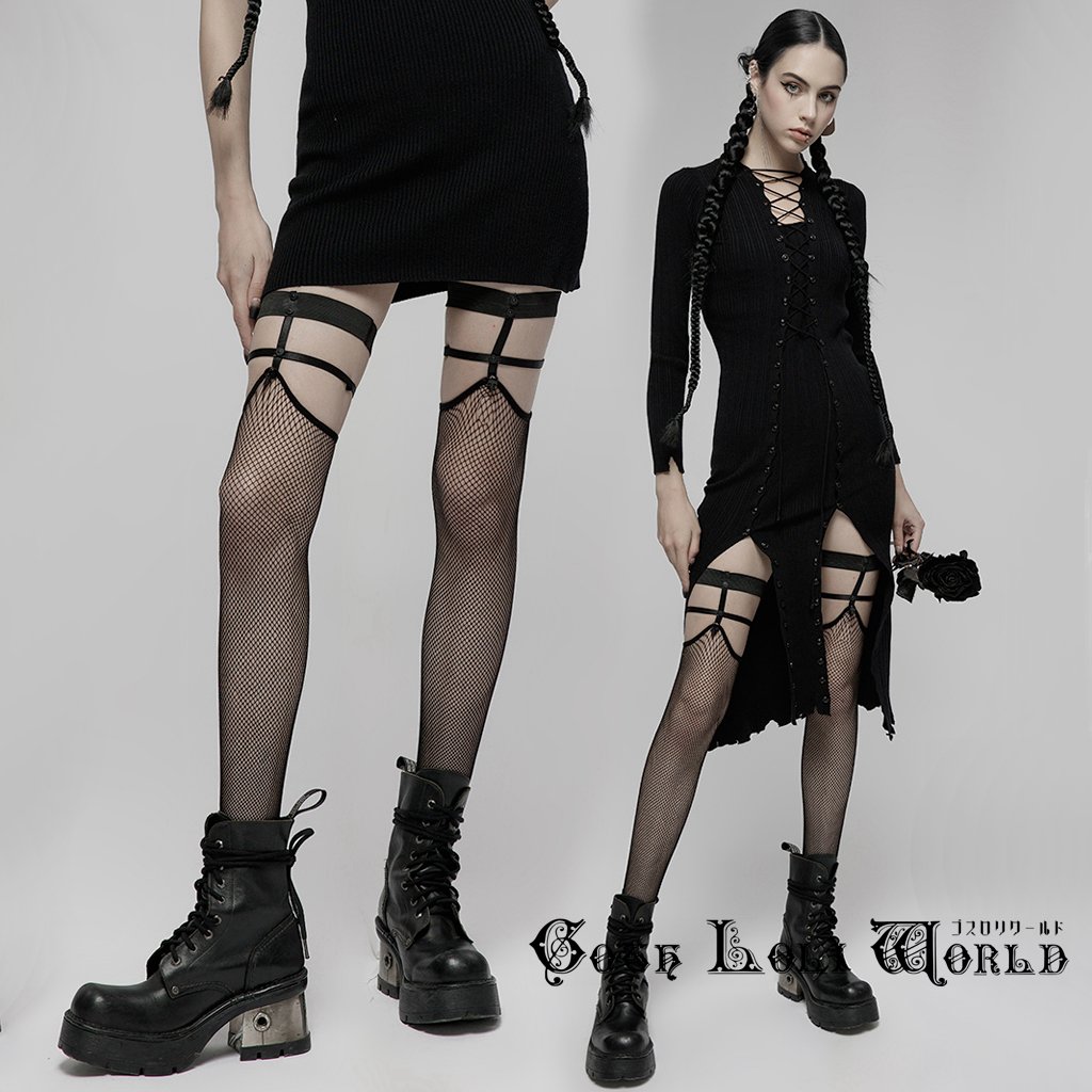 当日発送 即納 OPS-253JTF-BK パンク ロック ファッション スカルガーター付メッシュニー ハイソックス ゴシック ビジュアル系 ヴィジュアル系 V...