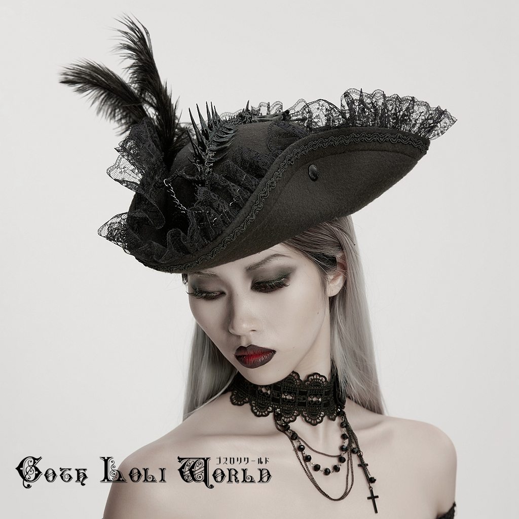 当日発送 即納 WS-820MZ-BK 地雷系 パンク ロック ファッション 羽根付 三角帽子 海賊 帽子 ハット 化..