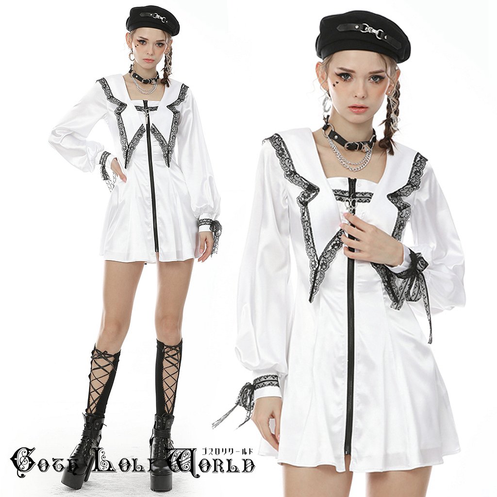 Rakuten - 当日発送 即納 DW490 地雷系 ファッション ホワイト セーラー服 長袖 ワンピース ミニ ドレス ゴスロリ ゴシック ロリータ ロリィタ ビジュアル系 ヴィジュアル系 サブカル 個性的 ライブ衣装 舞台衣装 ステージ衣装 イベント衣装 衣装