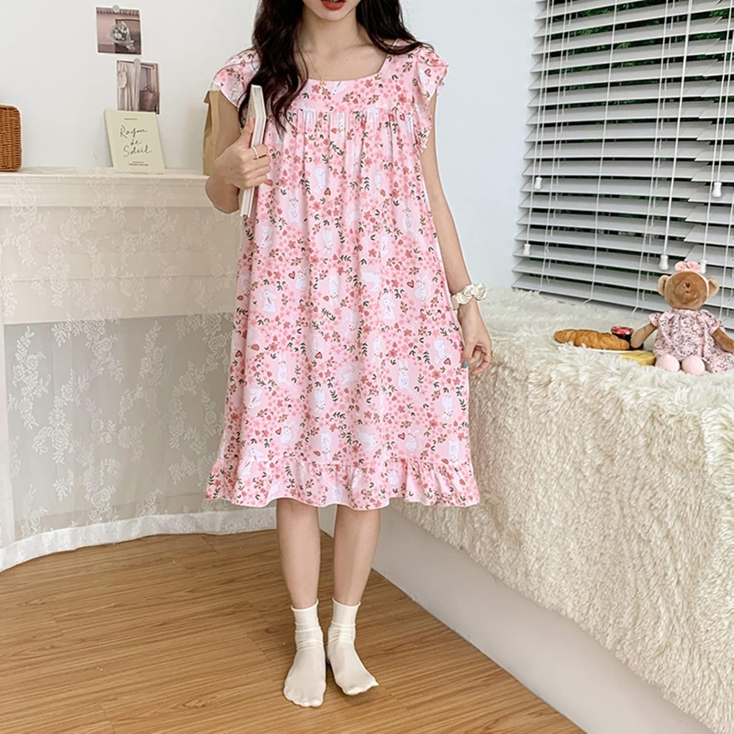 レディース ネグリジェ ルームワンピース パジャマ 部屋着 春夏 半袖 ゆったり 花柄 かわいい 薄手 通気 吸湿 肌触り 快適 寝巻き リラ..