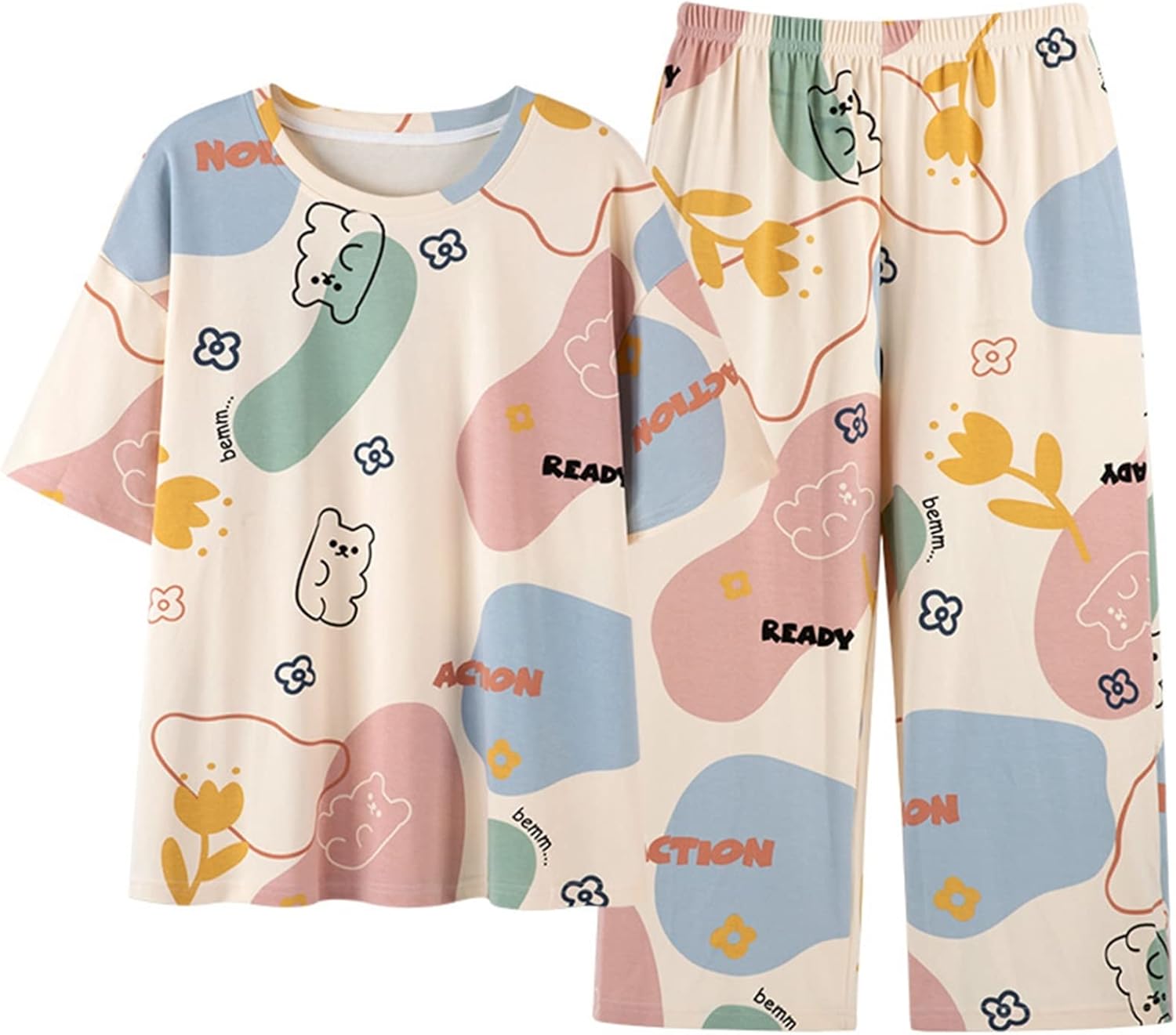 ルームウェアセット 夏 パジャマ レディース 半袖 七分丈パンツ 上下セット コットン 肌触り 快適 家着..