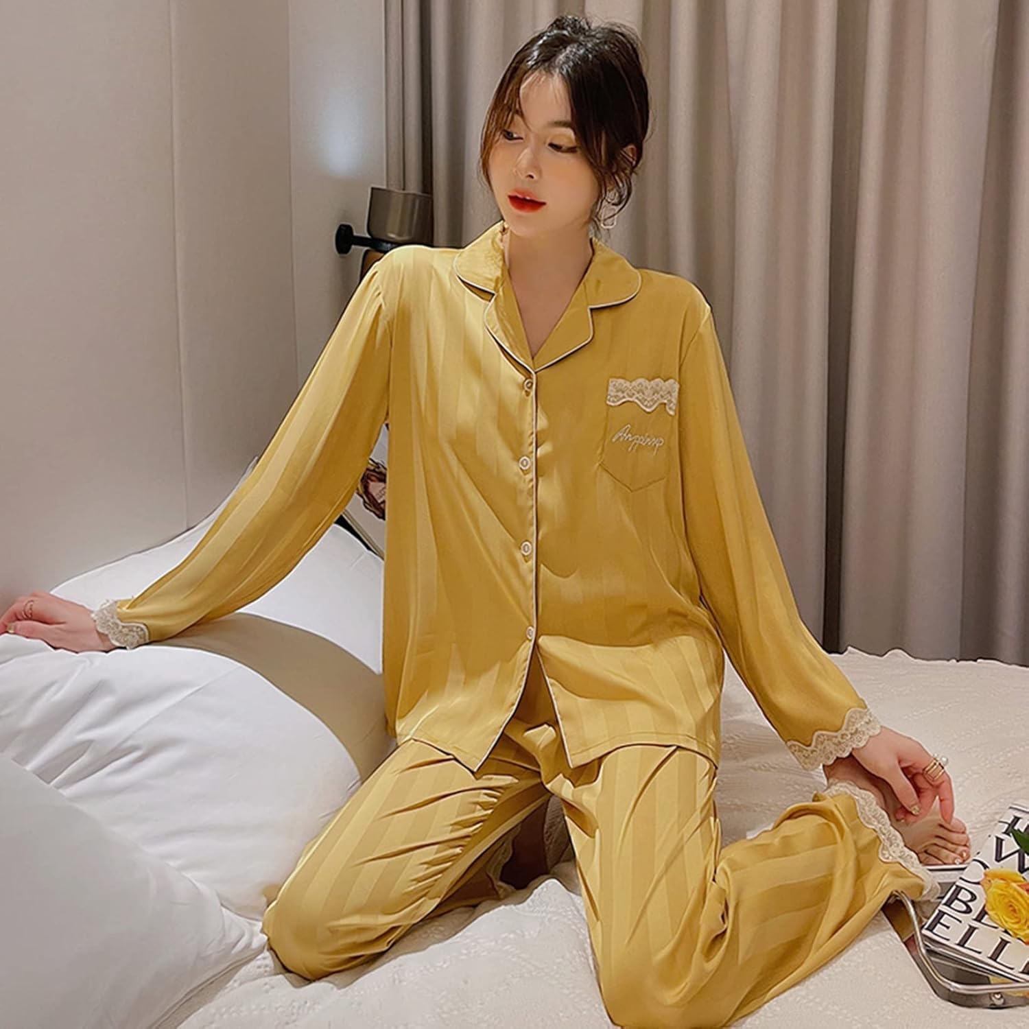 春秋 レディース パジャマ ルームウェア シルク風 レース 前開き 薄手 柔らかい 優しい 長袖 ロングパンツ 上下セット カジュアル 2点セット 部屋着 寝巻き ナイトウェア 光沢感 ストライプ柄