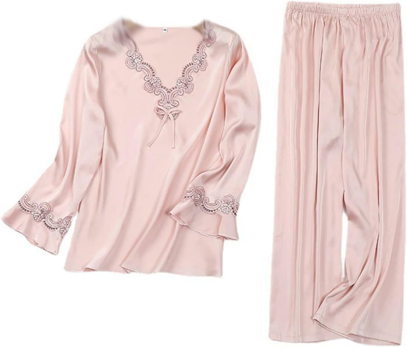 楽天GOTO funny 楽天市場店パジャマ レディース 長袖 春夏 ルームウェア ナイトウェア レース Vネック 上下セット 九分丈パンツ 薄手 レーヨン シルク風 部屋着 ねまき 通気 吸湿 肌触り 快適 ゆったり おしゃれ エレガ