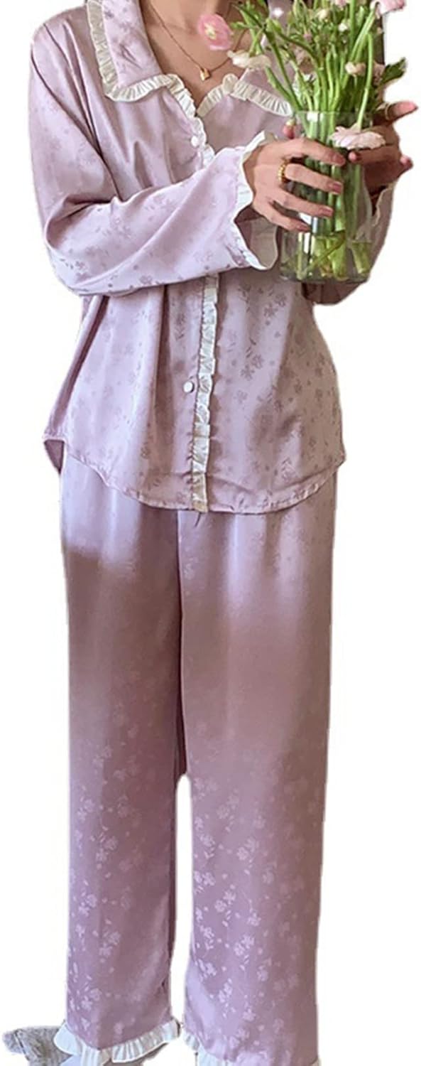 パジャマ ルームウェア レディース 春秋 長袖 長ズボン 上下セット シルク風 光沢感 薄手 前開き 襟付き 部屋着 寝巻き 肌に優しい ワイド エレガント レーヨン ジャカード花柄 カジュアル パー