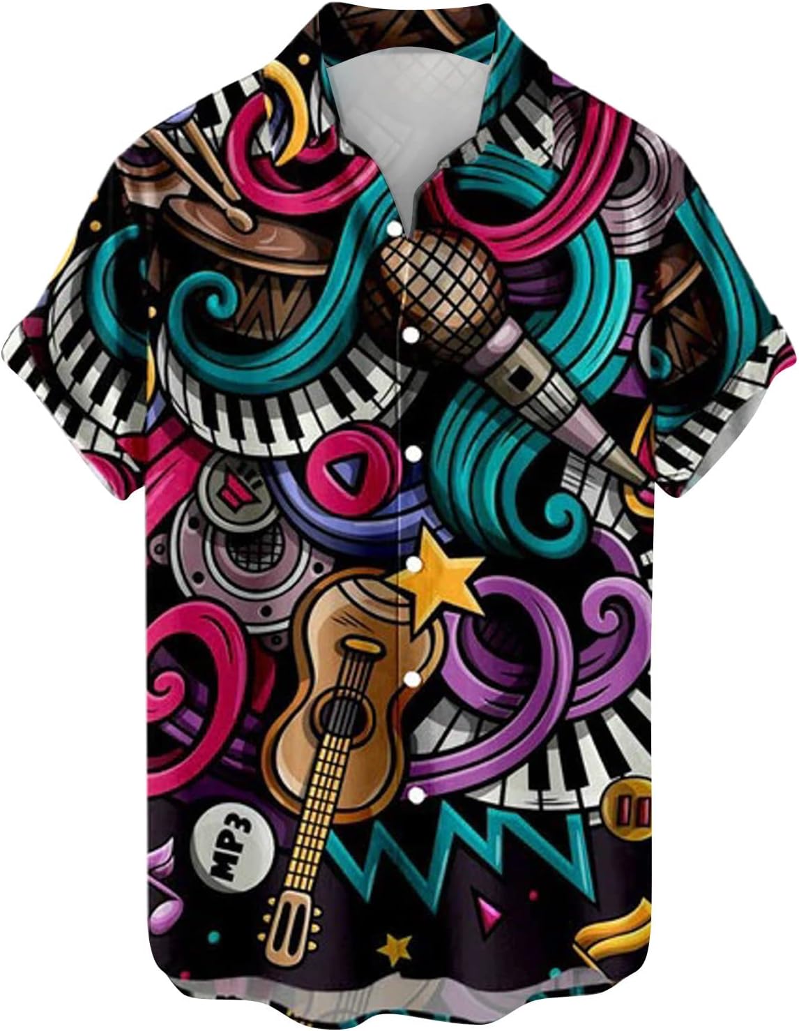 楽器柄 アロハシャツ メンズ 半袖 綿 夏 涼しい シャツ ファッション 大きいサイズ シャツ ゆったり シャツ ボタン ポロシャツ 旅行 プリントtシャツ カジュアル 通気 人気 吸汗 速乾