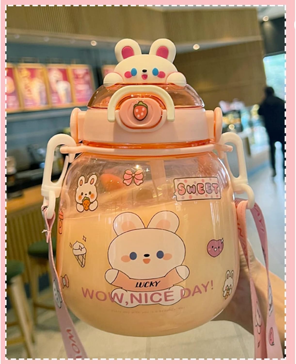 大容量水筒 1100ml ストロー キッズ 子供用 クリアボトル 蓋付き タンブラー 1.1リットル 可愛い ワン..