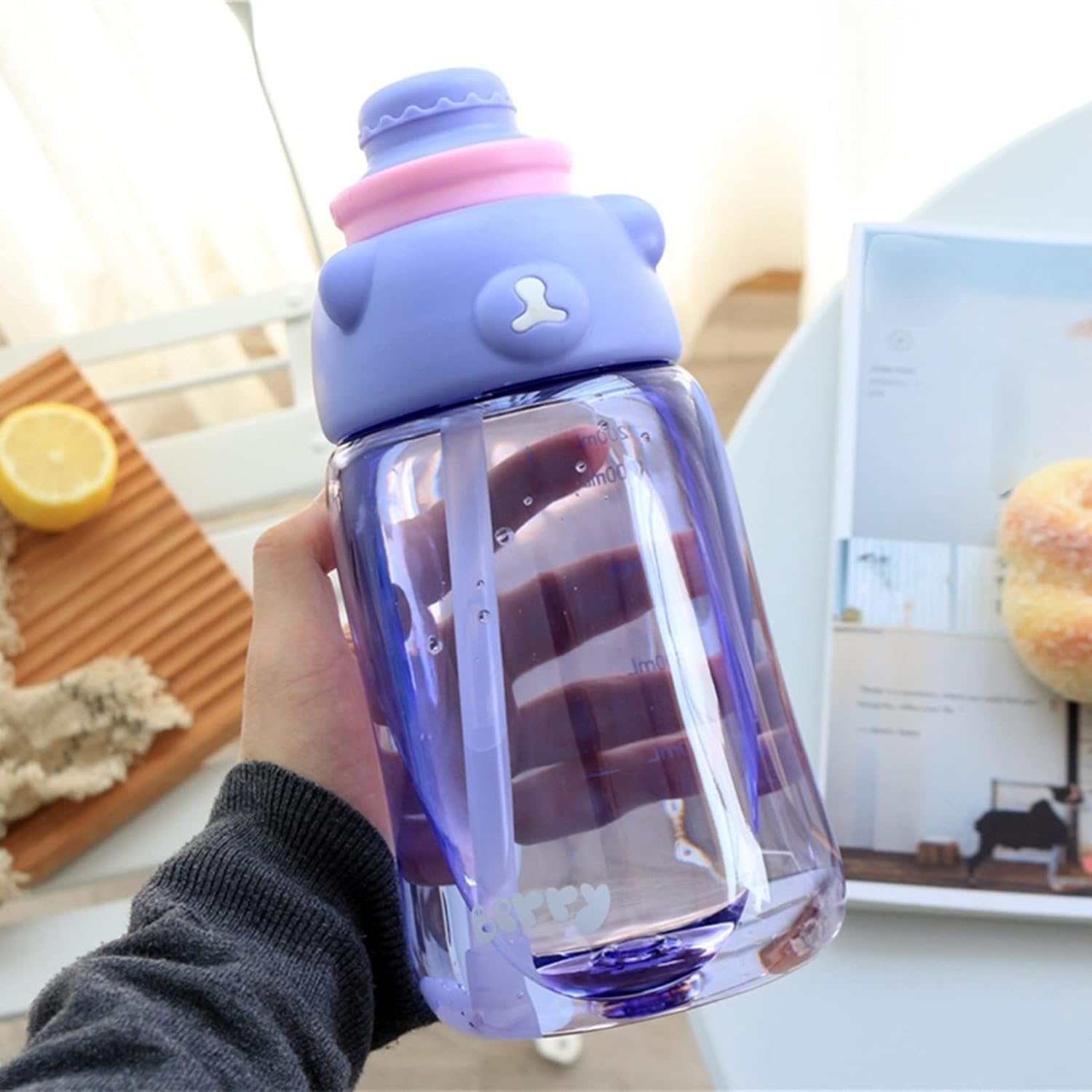 大容量水筒 1.5リットル クリアボトル ストロー付き キッズ 子供 ワンタッチオープン かわいい クマ ア..