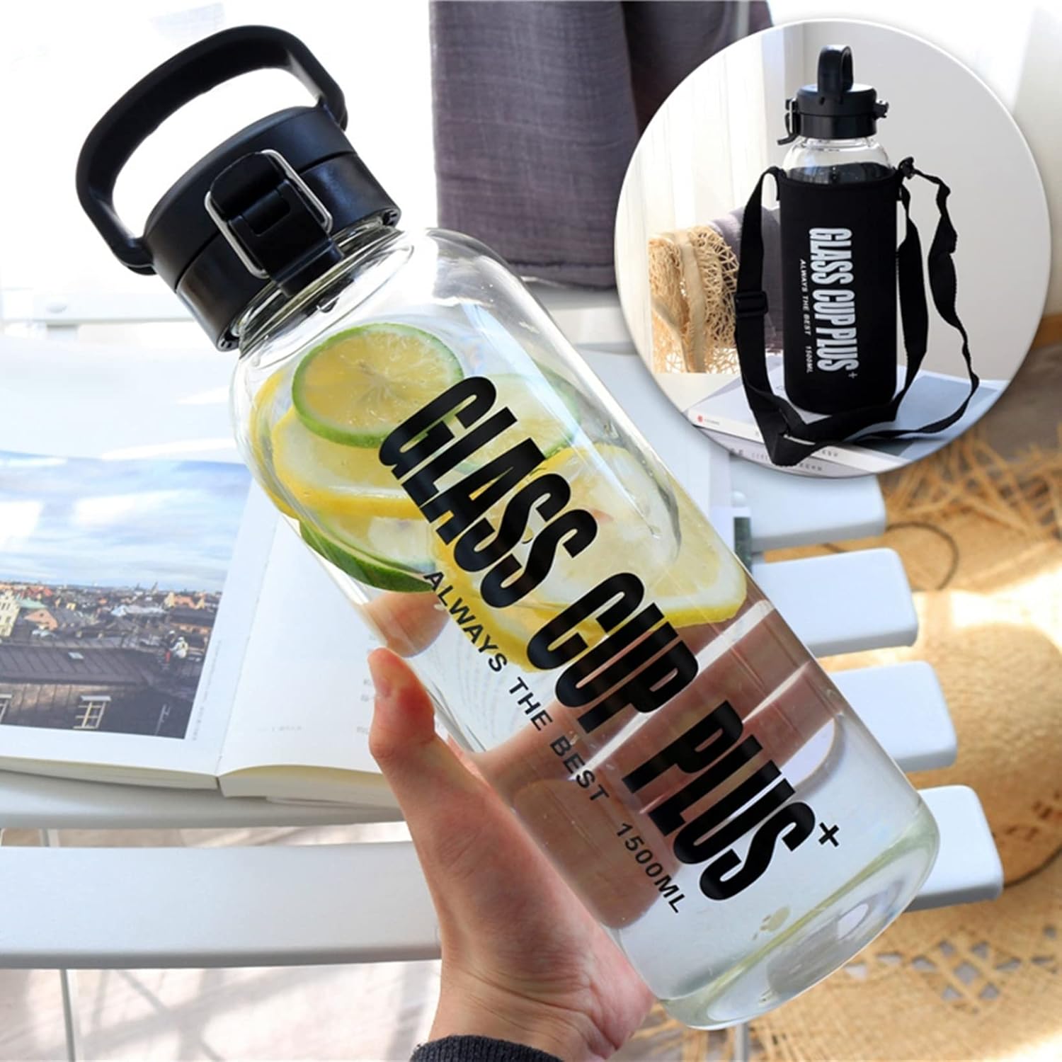 ガラス水筒 ボトル カップ かわいい 1500ml 大容量 耐熱100度 ウォーターボトル 耐熱ガラス 透明 マグ..