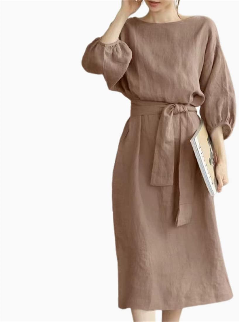 リネンワンピース 半袖 ロングワンピース 綿麻 ミモレ丈 ナチュラル 大人可愛い 体型カバー 着回し 夏 ワンピース 春 秋 冬 ロングワンピース レディース チュニック マキシ丈 トップス 大きい