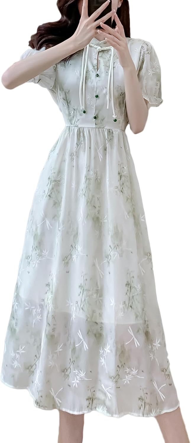 ワンピース 夏 レディース 可愛い ドレス おしゃれ 花柄 半袖 詰襟 中国風 女性らしい ロングワンピー..