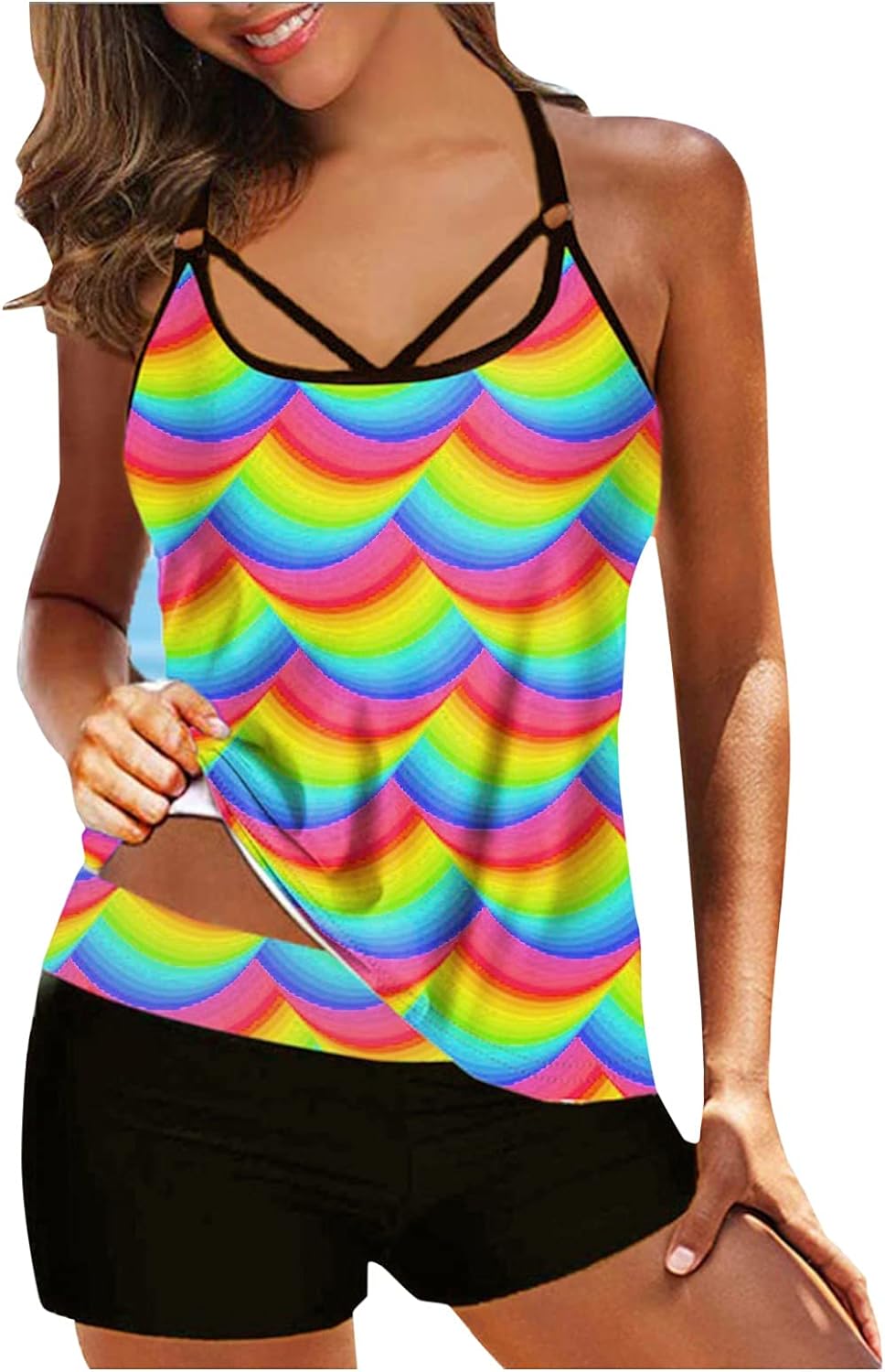 女性プラスサイズプリントストラップバックタンキニセットツーピース水着水着 水着 2点セット ビキニ ..