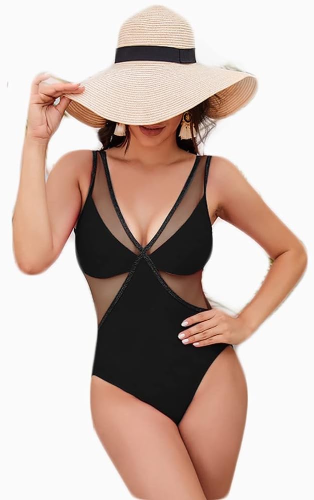レディースワンピース水着、Vネックモノキニ セクシーなカットアウトメッシュ水着 お腹ビキニ、ソリッ..