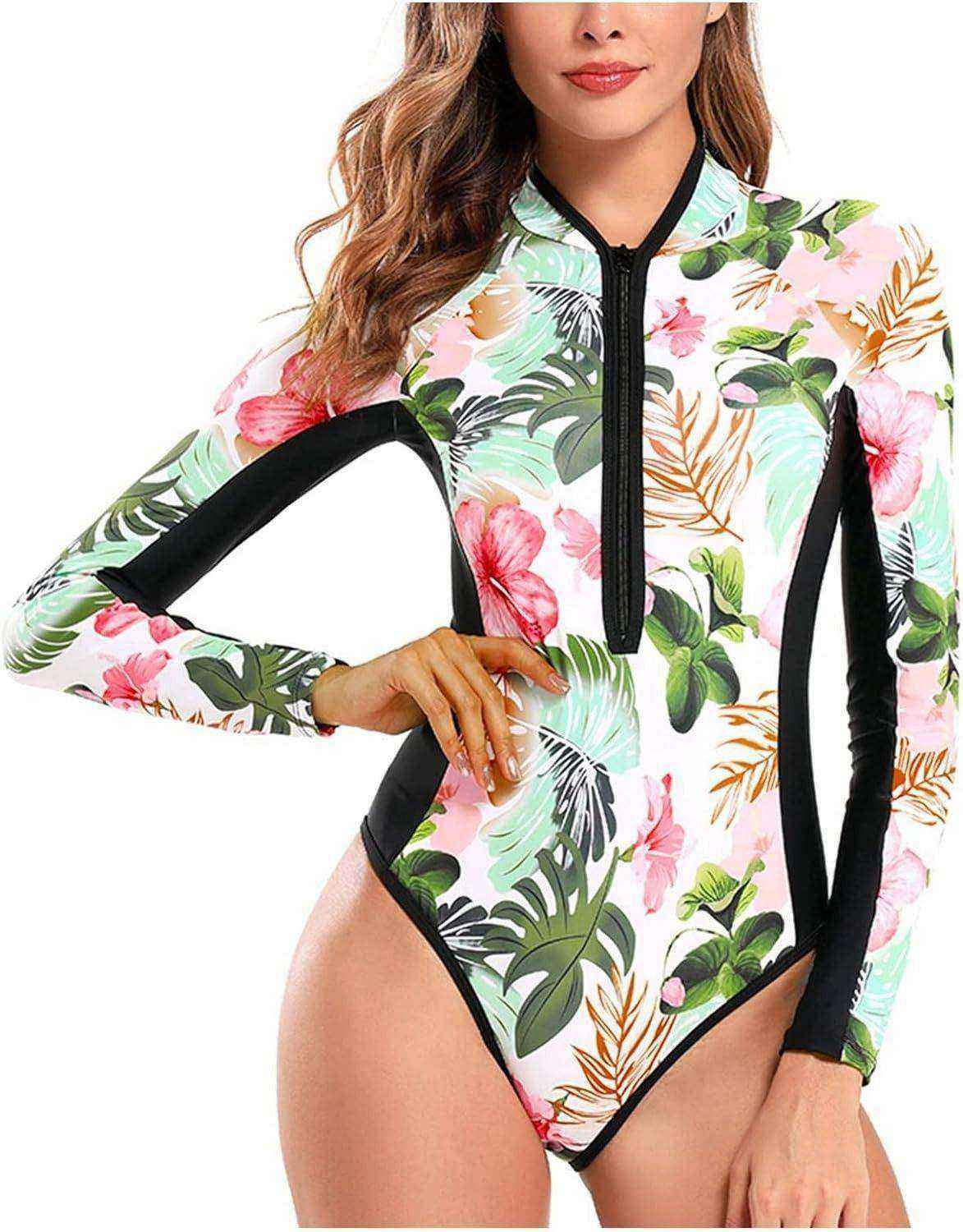 レディーススポーティワンピース水着長袖花サーフィン水着スリミングジャンプスーツ