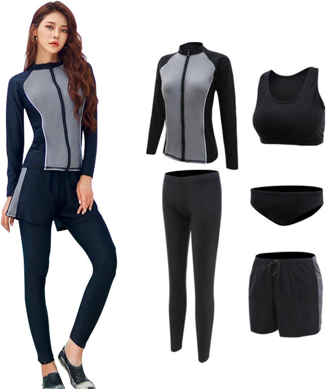 フィットネス水着 レディース 水着 5点セット 長袖ラッシュガード 体型カバー セパレート ショートパンツ タンキニ オシャレ U