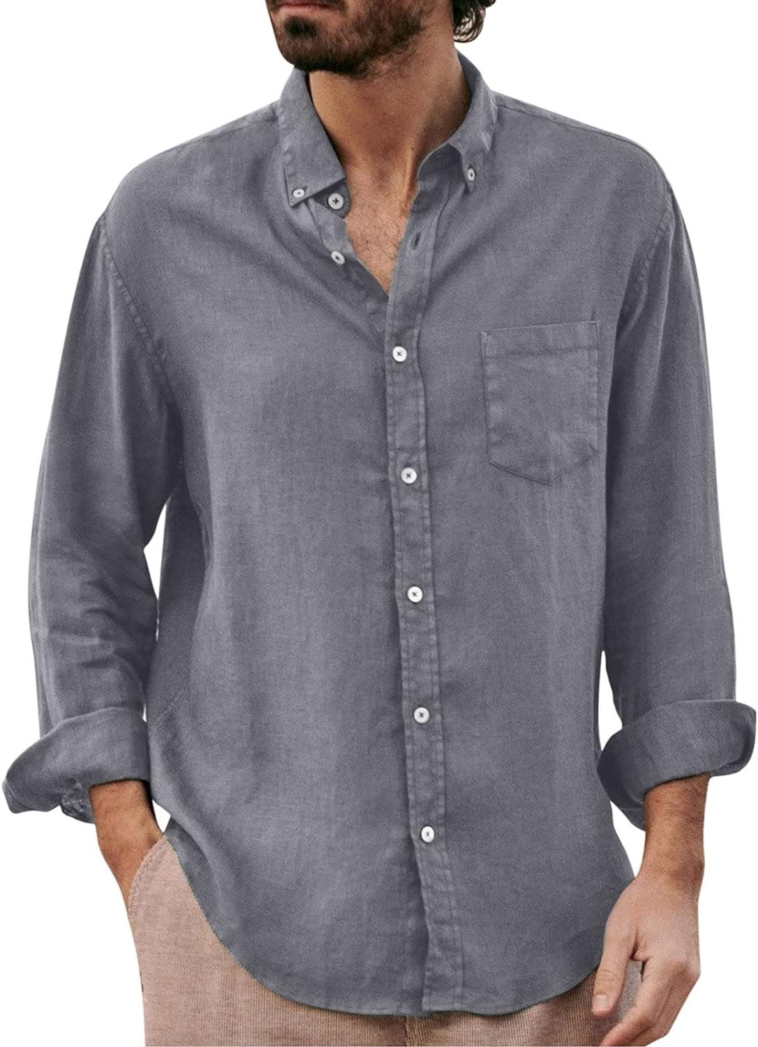 男性カジュアル秋ソリッド フォールド シャツ襟なし長袖ボタン シャツ ブラウス 乳首透けないtシャツ