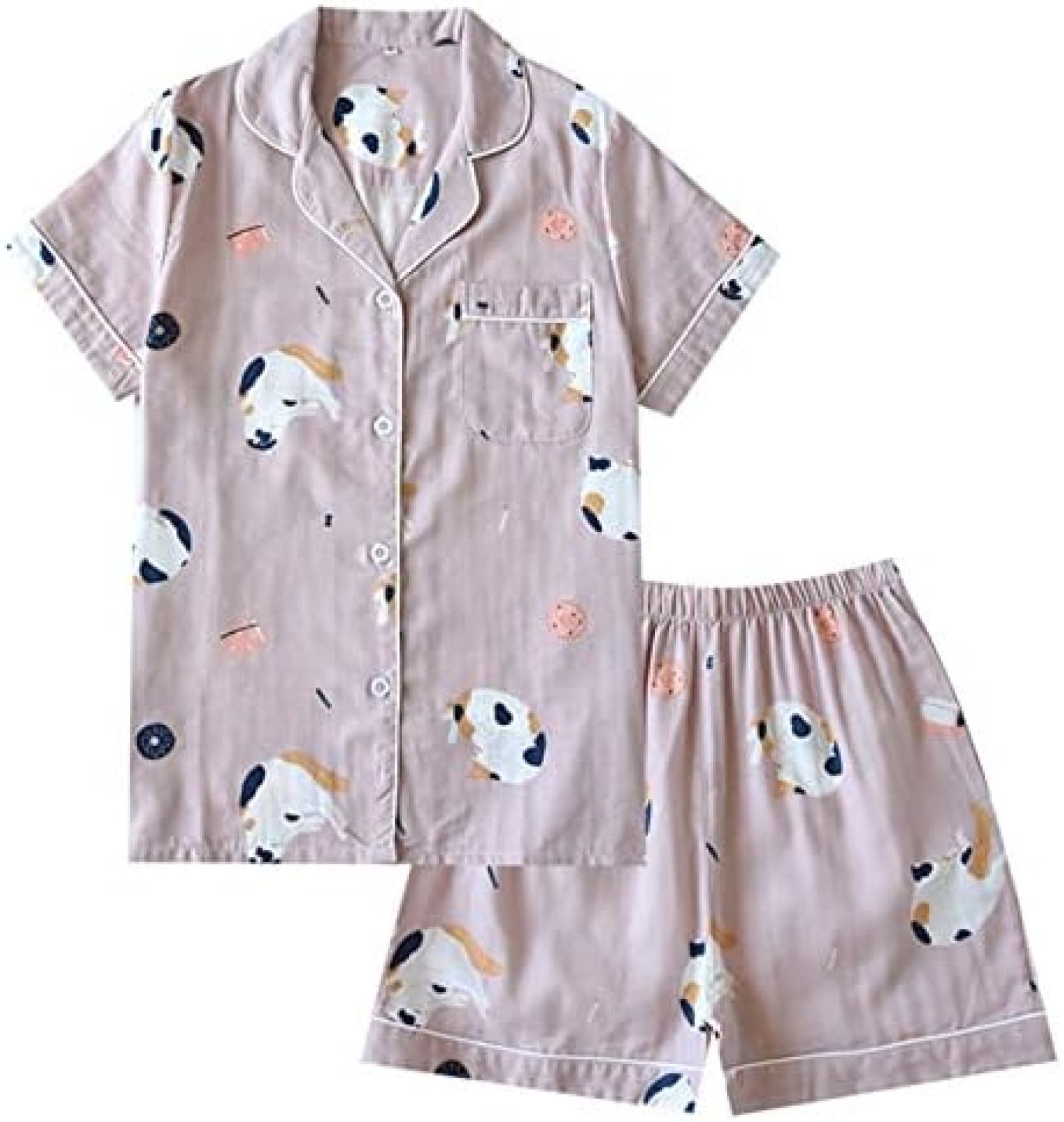 二層ガーゼ パジャマ 綿100 ルームウェア 三毛猫 ねこ柄 レディース メンズ ペアルック 夏 半袖 ショーパン 上下セット 涼しい 薄手 肌触り 大きいサイズ 部屋着 前開き 通気性 吸汗速乾 ラ