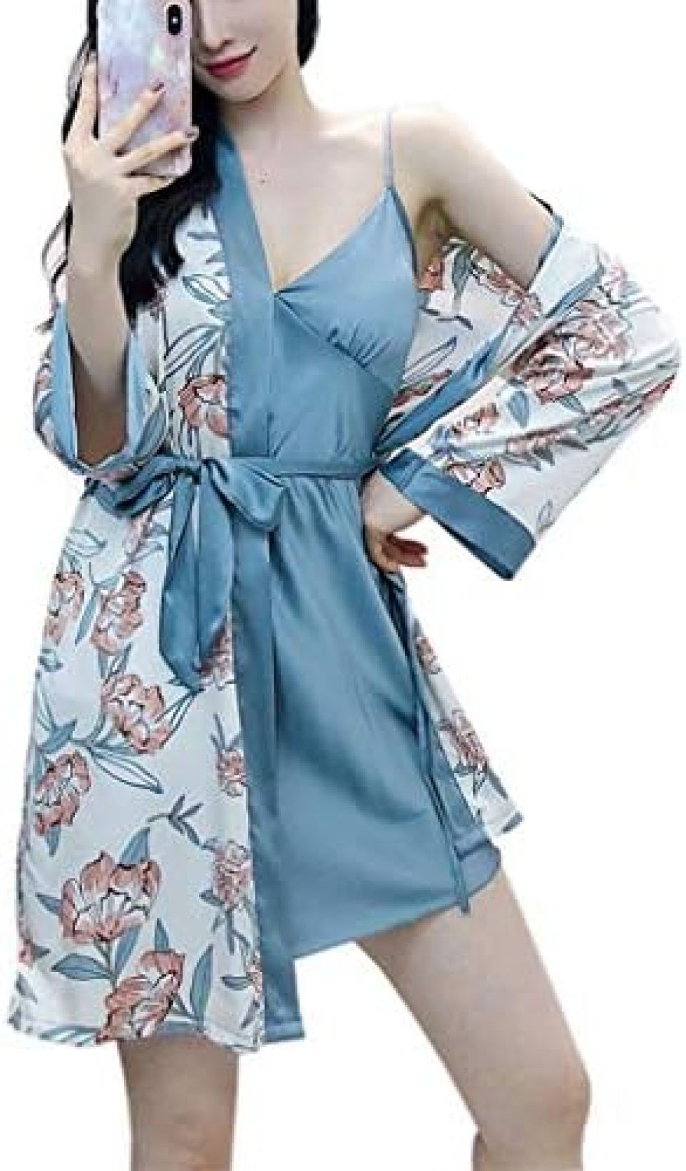 レディース パジャマ ネグリジェ 2点セット Vネック キャミソール ガウン カップ付き セクシー 肌触り良い つるつる 光沢 部屋着 母の日 誕生日 ルームウェア にも最適 M-XL 花柄 3色選べ