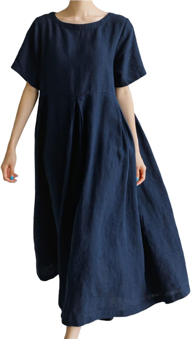 無地ワンピース ドレス レディース マキシワンピース サンマードレス 森ガール ラウンドネック 半袖 ポ..