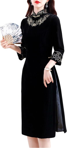 レディース ワンピース チャイナドレス 膝丈 大きいサイズ チャイナ風 ドレス チーパオ 改良 チャイナ服 茶服 ベルベット 民族風 中国風 長袖 中華風 秋冬 フォーマル ワンピース