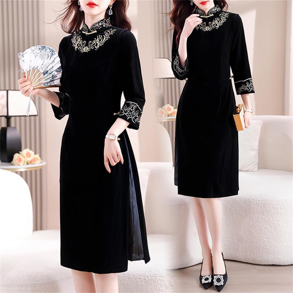 レディース ワンピース チャイナドレス 膝丈 大きいサイズ チャイナ風 ドレス チーパオ 改良 チャイナ服 茶服 ベルベット 民族風 中国風 長袖 中華風 秋冬 フォーマル ワンピース