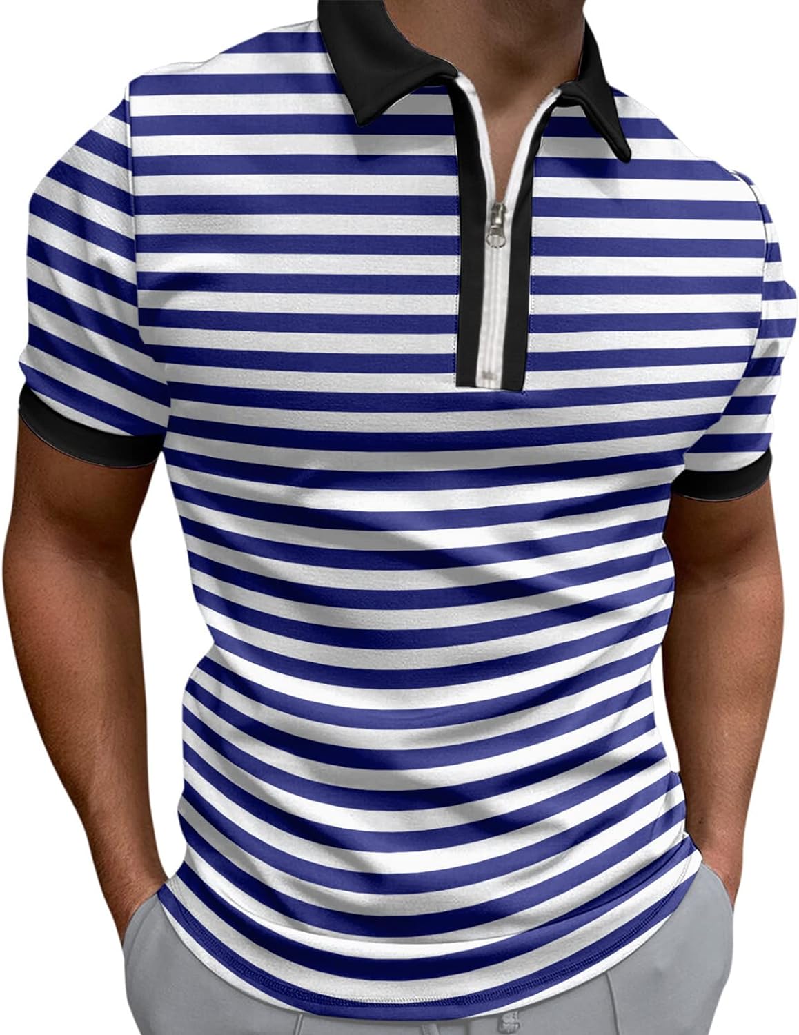 ポロシャツ メンズ 半袖 ビジネス ハーフジップ ストライプ ラガーシャツ tシャツ 通気 シャツ ゴルフウェア 上着 夏服 カジュアル polo 春服 スポーツシャツ ポロ 吸汗速乾 通勤 男性 父