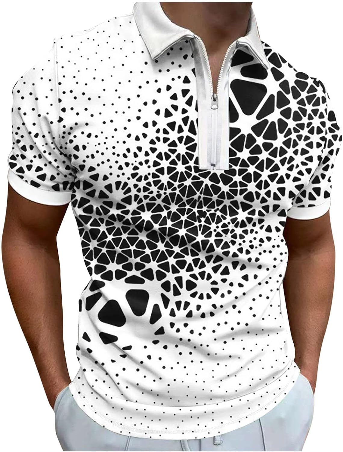 ポロシャツ + メンズ 長袖 メンズデジタル3D印刷ポスターホリデービーチラペルジッパー半袖シャツTシャツ ポロシャツ 長袖 作業着