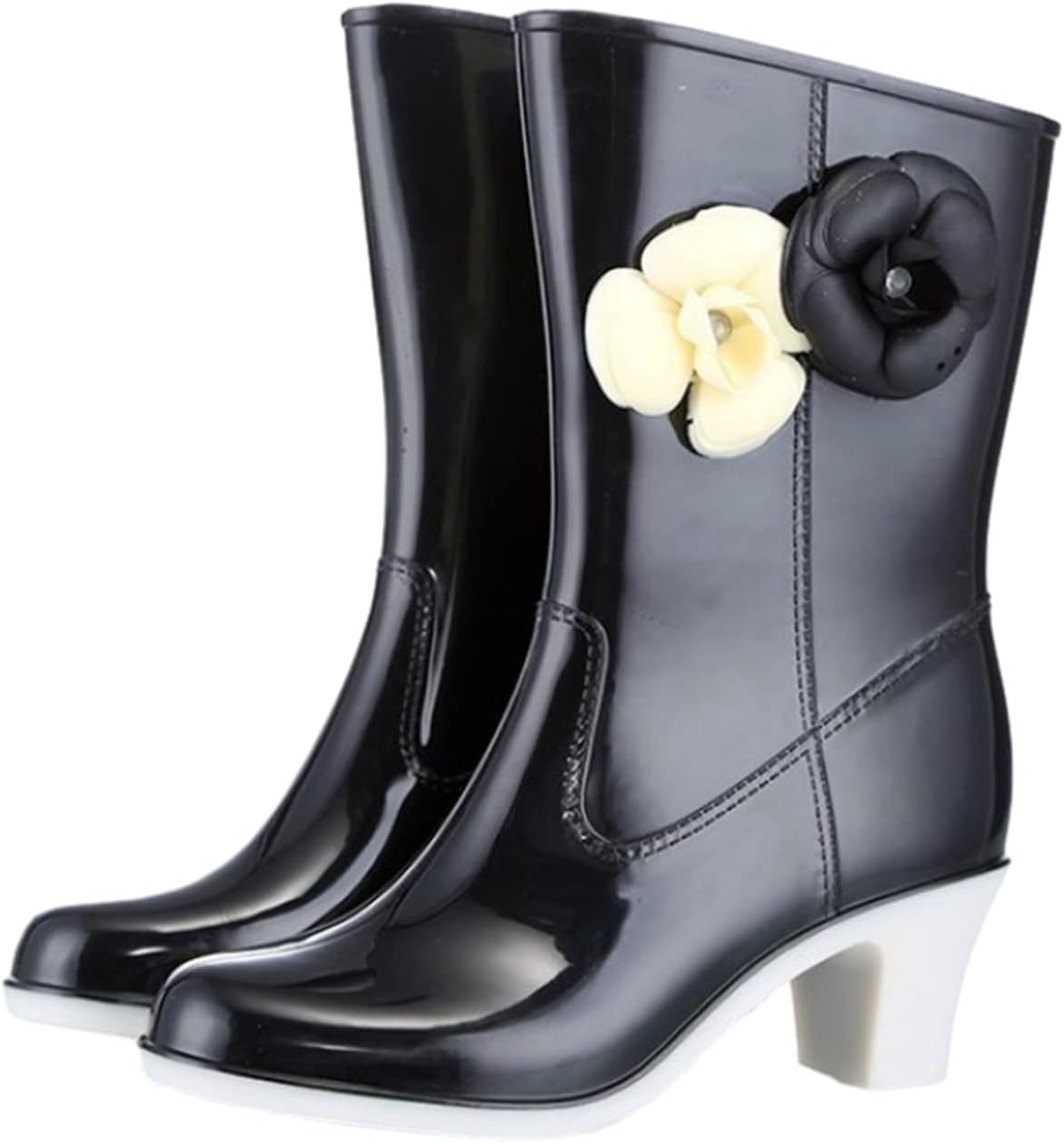 レインブーツ 花飾り pvc ラインストーン 花 れいんしゅーず レディース 粗いかかと ミドルヒール 防水..