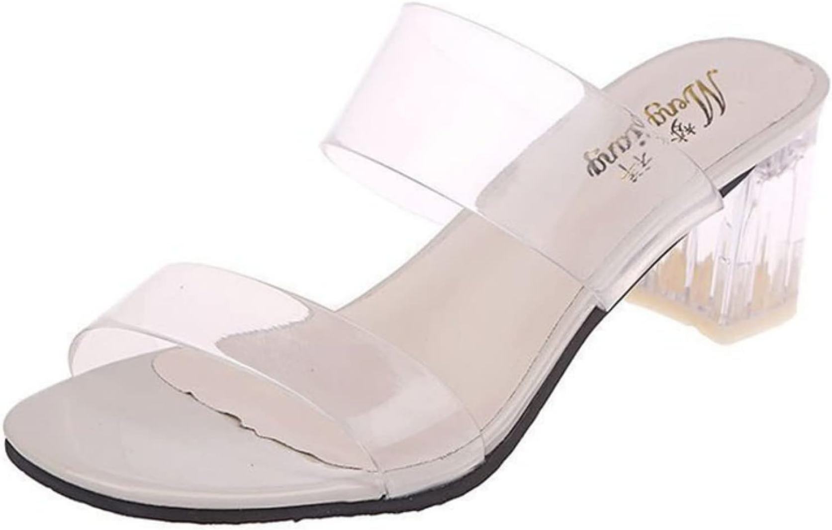 スクエアトゥ PVC ヒールサンダル レディース 透け感 ミュール ヒールサンダル スリッパ つっかけ チャンキーヒール ミドルヒール 結婚式 二次会 パーティー 通勤用 卒園式 仕事 入園式 クリア