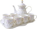 ティーポット 6つのピースカップ お茶セット ゴールドトリム 施釉陶器 コーヒー 紅茶サービス トレイ8個のアフタヌーンティーカップ グラス コーヒーセット カ...