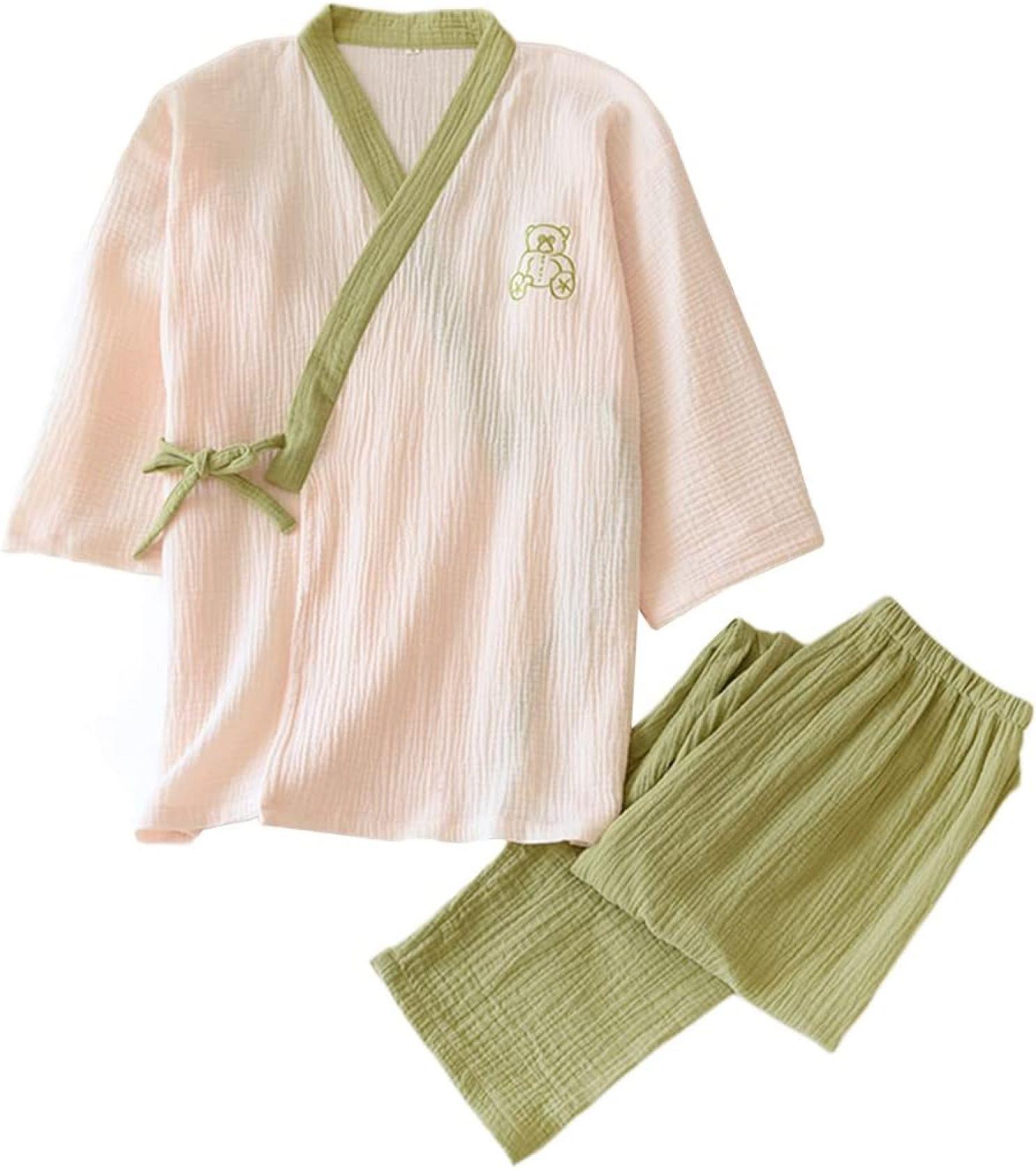 購入15％-30%OFF 和風パジャマ くま 7分袖 レディース 夏 2重ガーゼ 半袖 綿100％ ルームウェア 浴衣 前開き 上下セット 吸汗 通気 ガーゼパジャマ プレゼント 寢巻き 敏感肌 部屋着 ポケット付き 誕生日