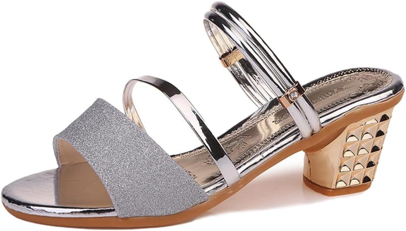 レディース サンダル ヒール低め ミュール キラキラ ストラップ オープントゥ シューズ