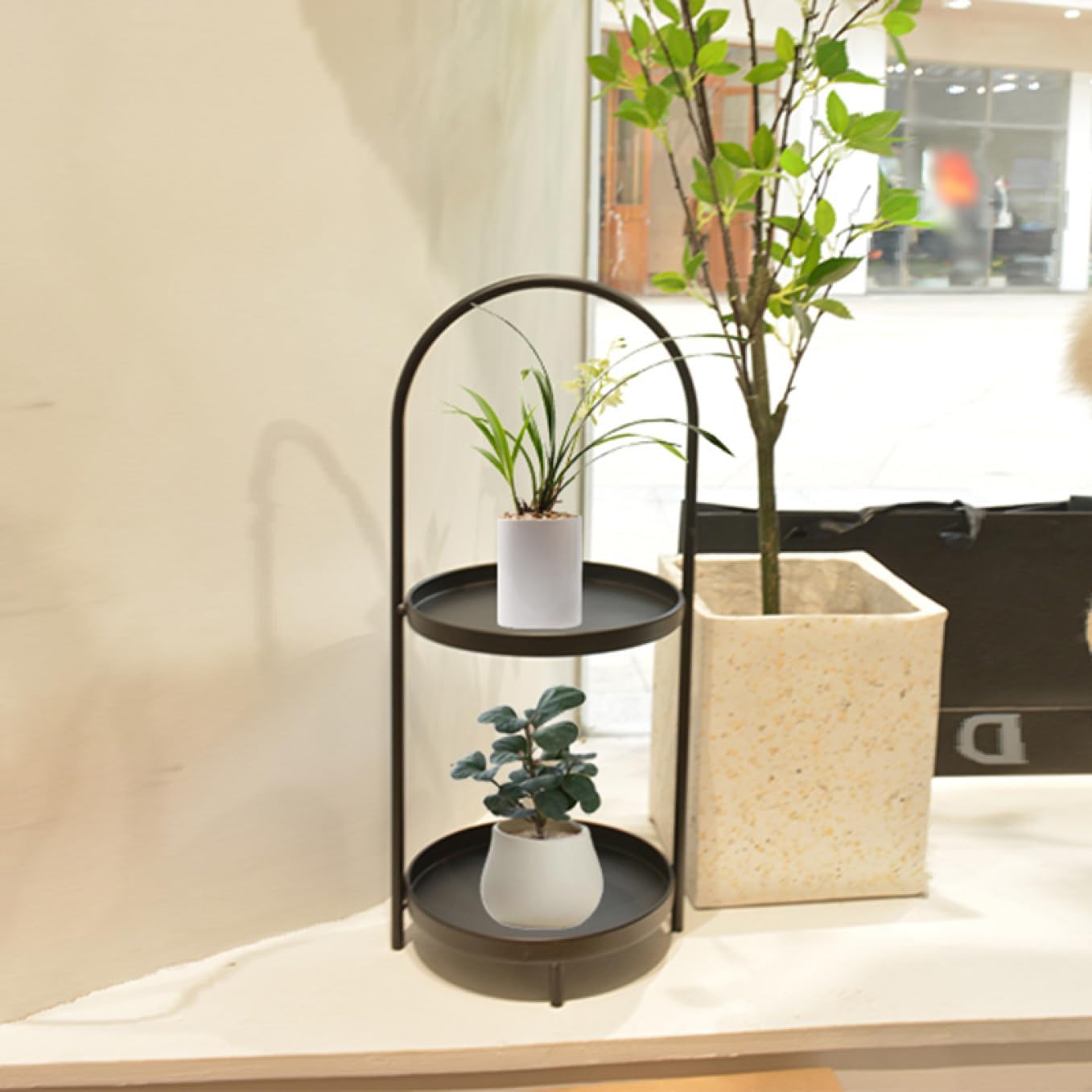 鉢置き フラワースタンド キャスター付き フラワーラック 黒/ブラック 花台 アイアン製 多機能 2段式 ..
