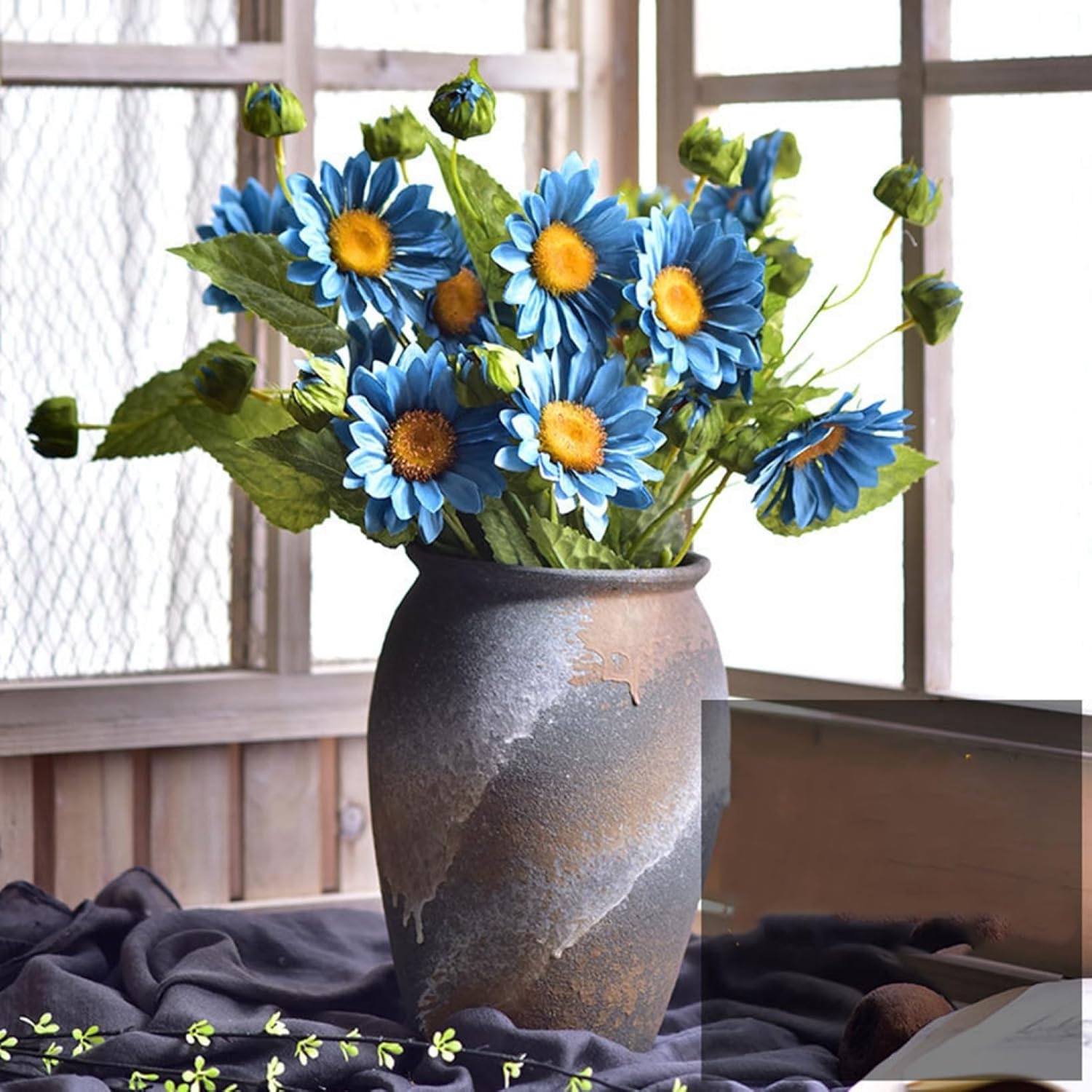 造花 太陽菊 絹花の花束 陶器花瓶付き 人工観葉植物 大きい キレイ フェイクフラワー 枯れない花 イン..