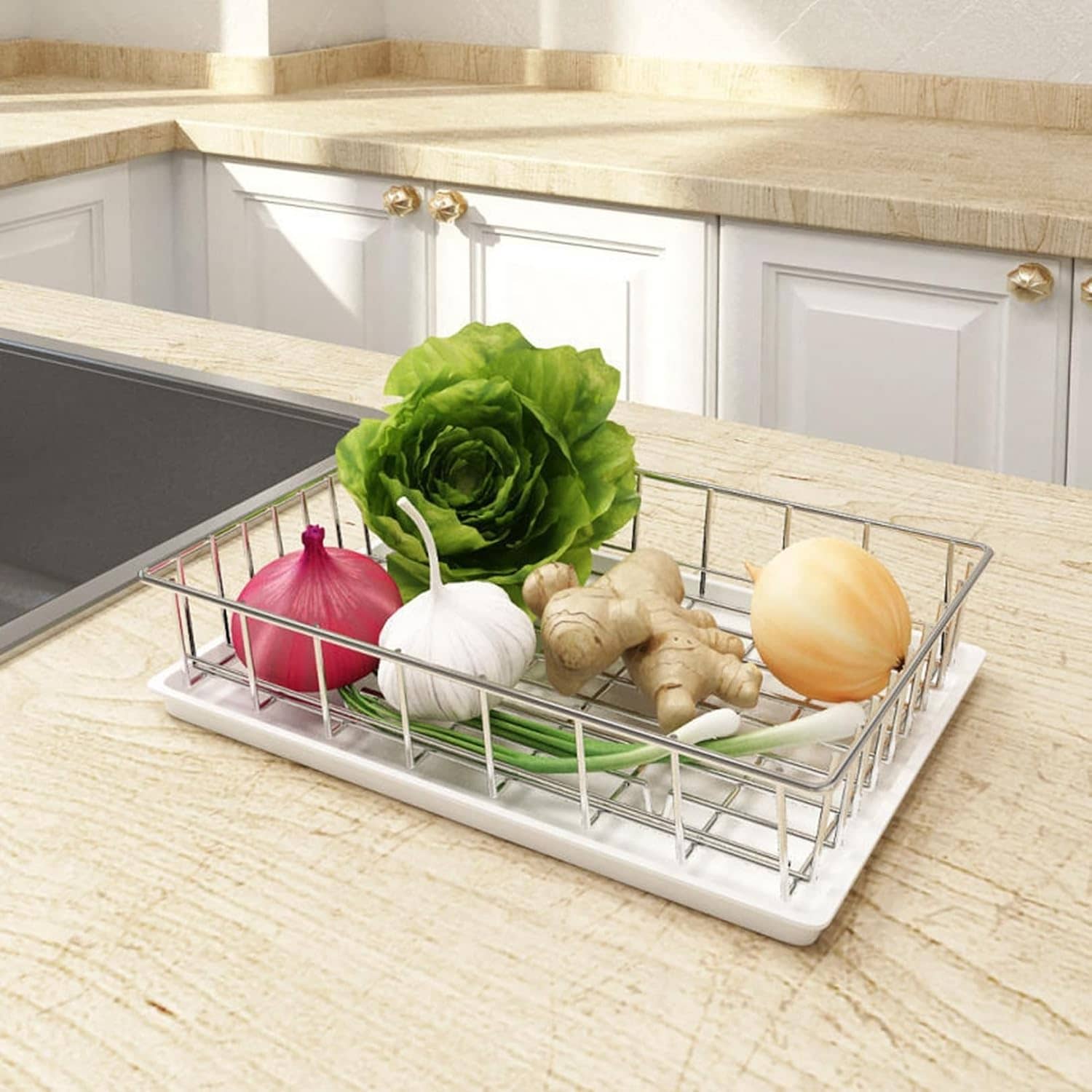 水切りラック 2段式 調味料ラック スパイスラック 調味料収納 水トレイ 野菜清潔 フルーツ 果物 キッチン棚 シンク上ラック ステンレス 省スペース おしゃれ 多機能キッチン 棚 台所 収納 多機能