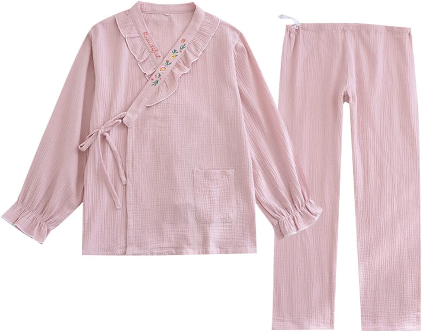 マタニティ パジャマ 春秋 レディース 妊婦 ルームウェア 長袖 コットンガーゼ 可愛い 刺繍花柄 春服 斜め開き 和式 便利服 2点セット 調整可ウエスト キレイめ ゆったり 部屋着 通気保温 産前