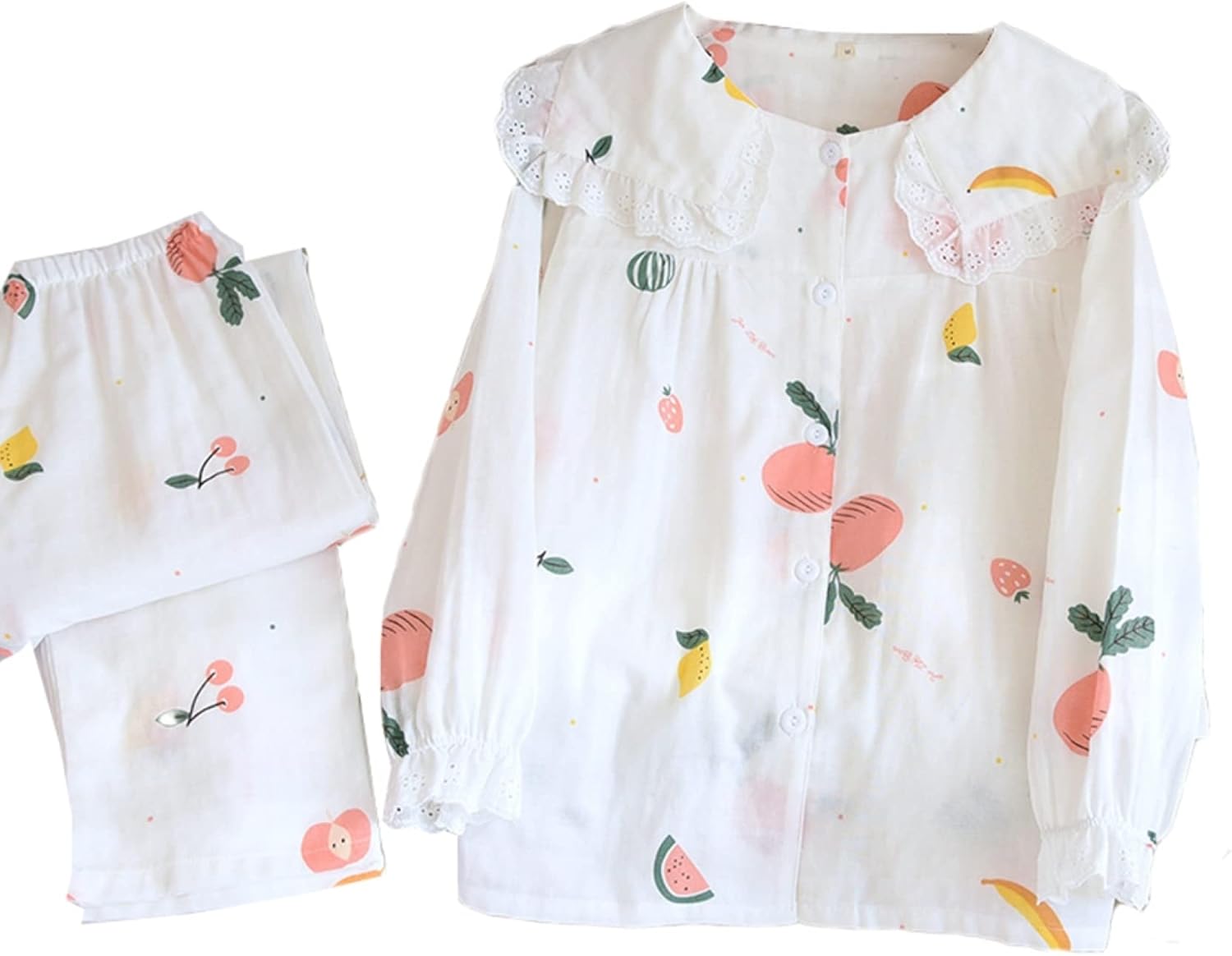パジャマ レディース 長袖 ダブルガーゼ 春秋 女性 ルームウェア 四季着用 通気吸汗 冷房服 女の子 親子 パジャマセット 前開き 部屋着 寝間着 可愛い フルーツ柄 レースフリル 柔らかい 着心地
