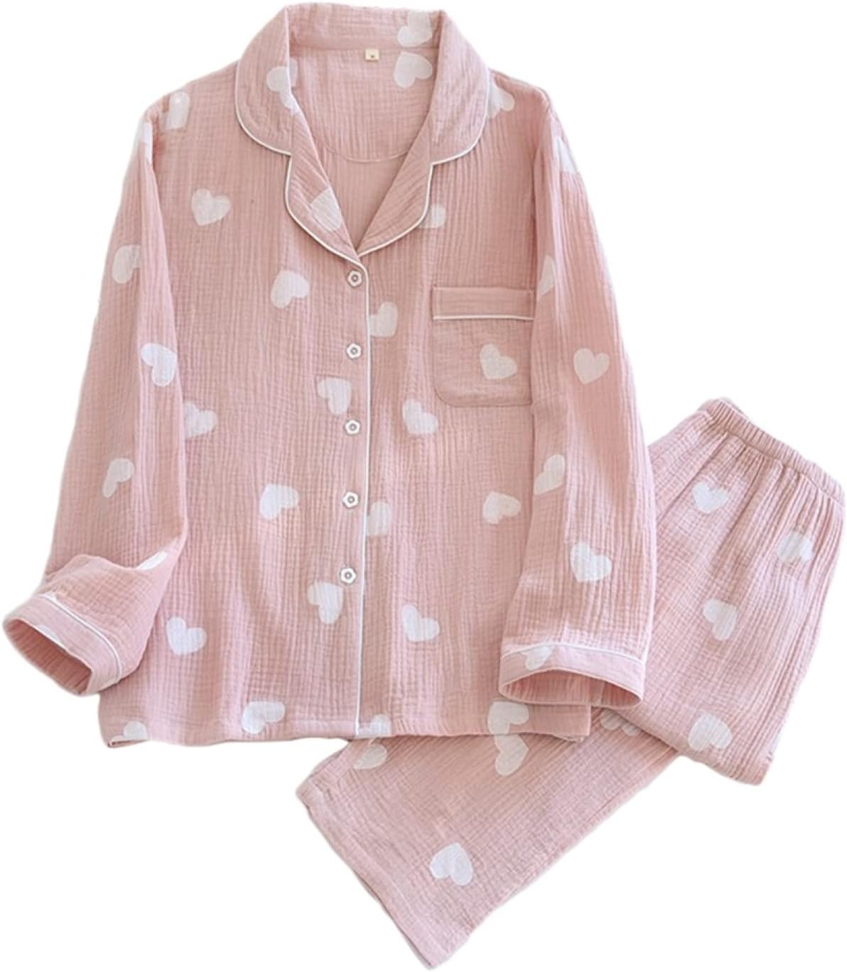 パジャマ レディース 長袖 ダブルガーゼ 春秋 女性 ルームウェア 四季着用 通気吸汗 夏 冷房服 ハート柄 上下セット 前開き 部屋着 寝間着 可愛い 柔らかい 着心地 ゆったり 便利服 外着 M〜