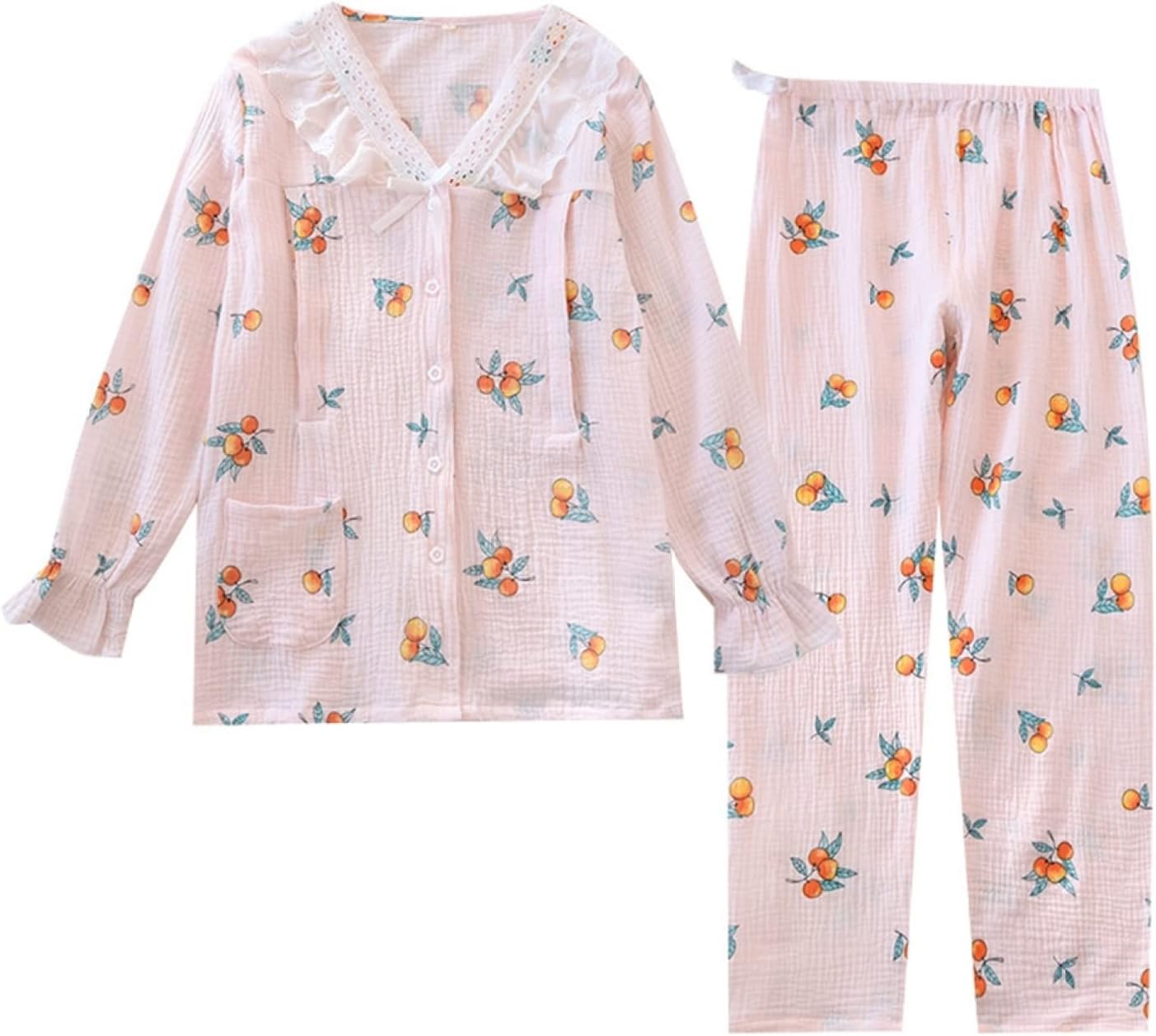 マタニティ パジャマ 春秋 レディース ルームウェア コットン 授乳服 授乳口付き 可愛い さくらんぼ柄 春服 フリルVネック 妊婦 パジャマセットアップ 調整可ウエスト キレイめ 部屋着 通気 保温