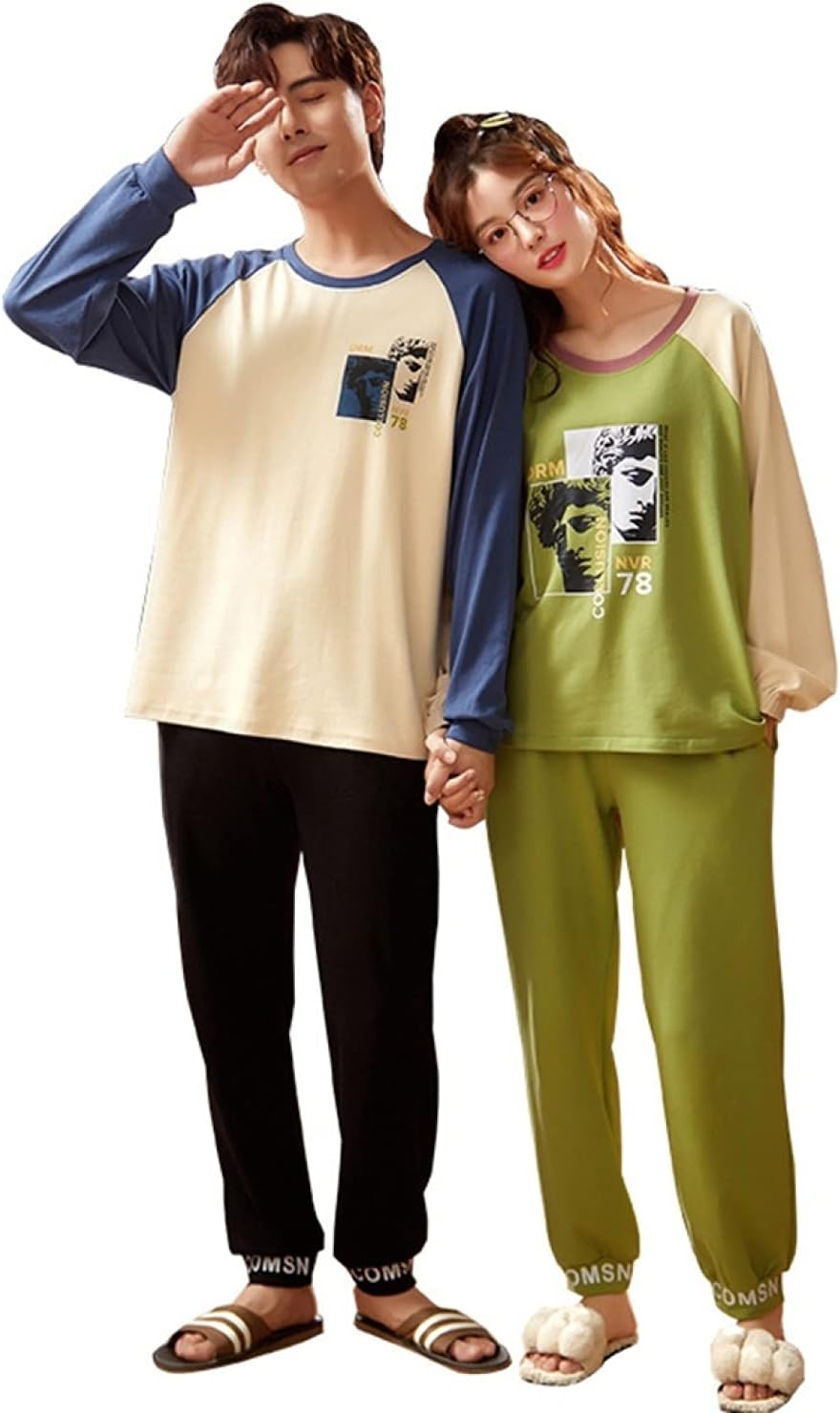 ペアパジャマ 長袖 カップルルームウェア 春秋 長ズボン 上下セット 綿100％ メンズ/レディースパジャ..