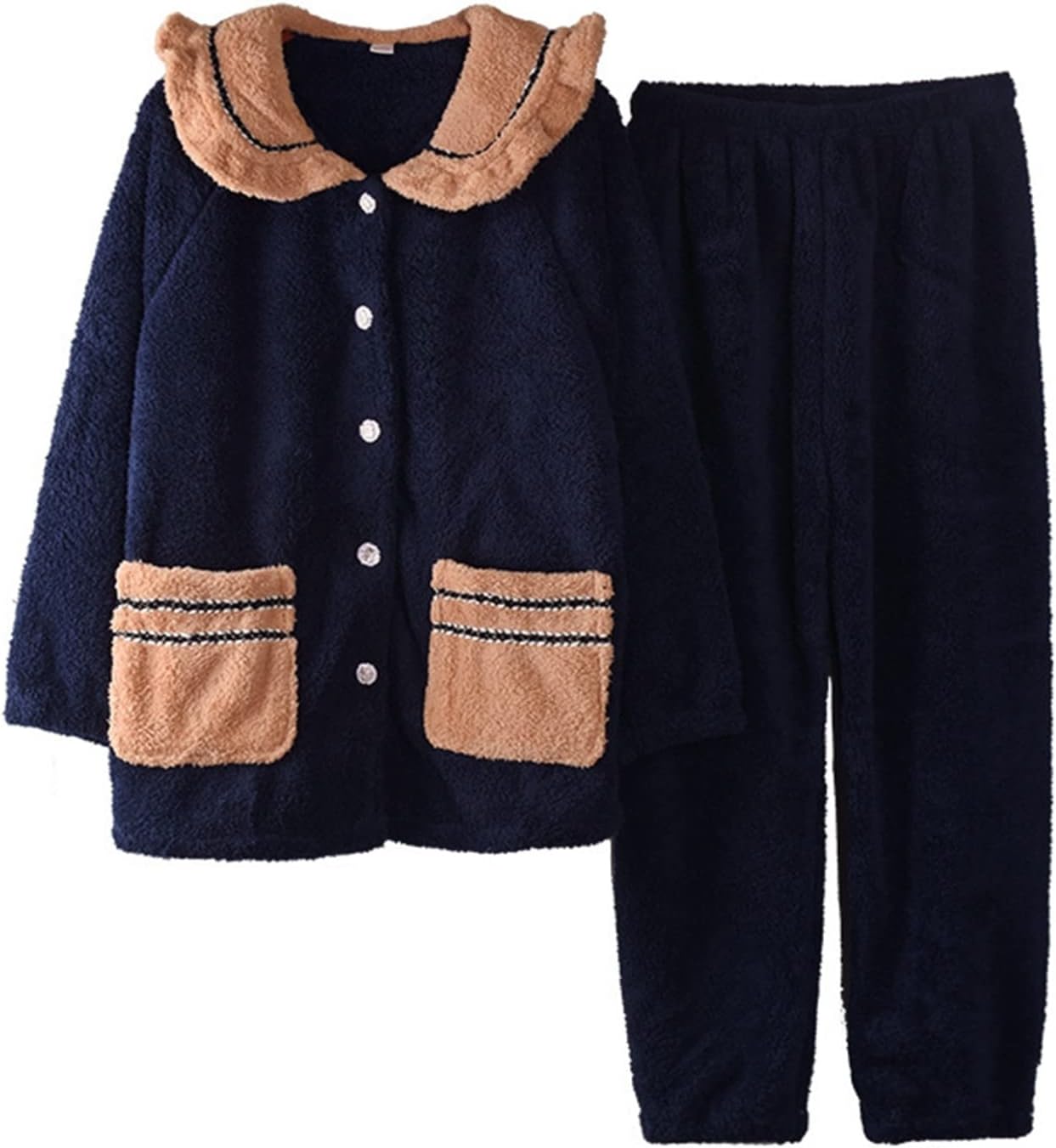 レディースパジャマ 長袖 冬 フランネル もこもこ 無地 ルームウェア 女性 前開き 上下セット 部屋着 あったか やわらか 厚手 防寒 おしゃれ かわいい 大きいサイズ ネイビー