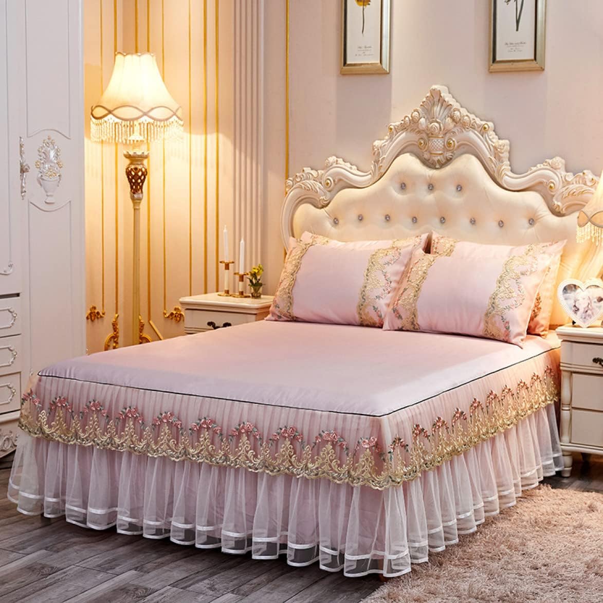 姫系 ベッドスカート 光沢あり ダブル ベッドシーツ シングル 刺繍 レース ベッドカバー 寝具カバー シルク調 タイプ 接触冷感 ダブルフリル さらさら 手触り優しい SET2 洗える 抗菌防臭 宮