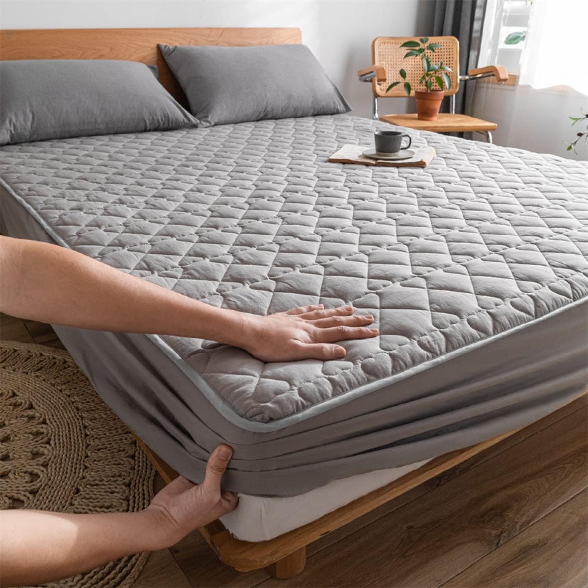 ベッドパッド ボックスシーツ カラー 一体型 セミダブル 綿100％ 幾何柄 シーツパッド 120cm*200cm 洗..