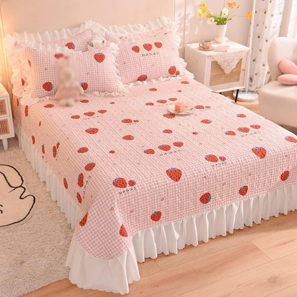 いちご柄 ベッドシーツ ダブル 姫系 フリル付き ベッドスカート シングル ベッドキルトセット 1点 SET2..