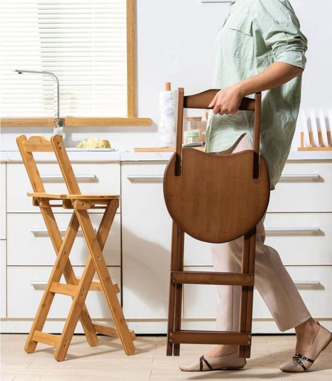 チェア 椅子 カウンターチェア 折りたたみ椅子 木製 折りたたみ 取り付け不要 ポータブル 軽量 足置き付き 背もたれ コンパクト キチン バー カフェ 喫茶店 室内 屋外 ダイニング バー椅子3サイ [2]