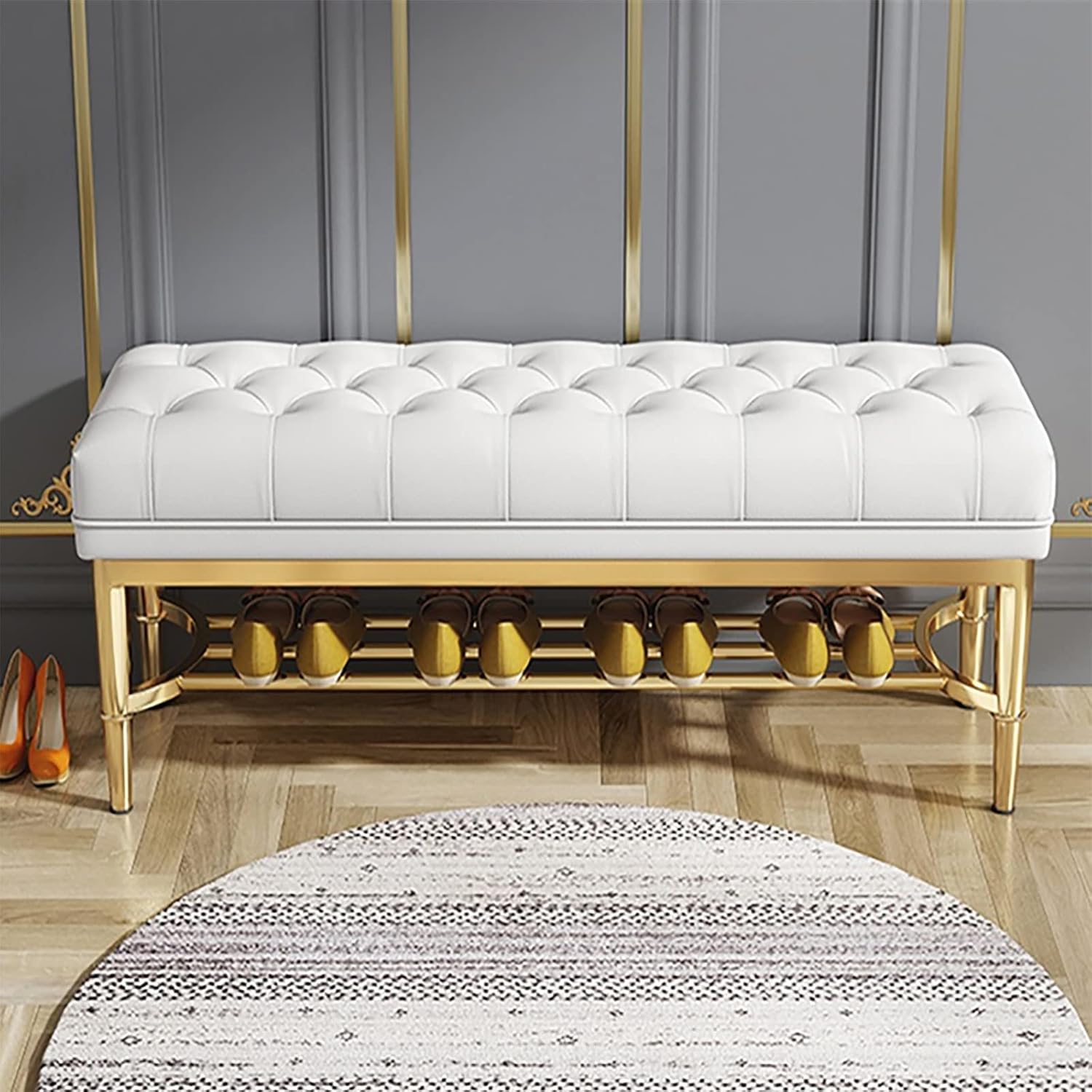 ゴールデン シューズ ラック付きプレミアム レザー玄関ベンチ ボタン布張りのベッド ベンチ シートの端..